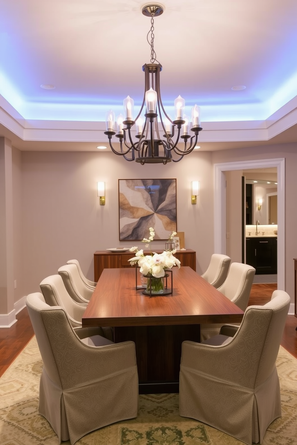 A contemporary dining room features layered lighting with dimmers to create an inviting ambiance. A sleek wooden dining table is surrounded by upholstered chairs in a neutral tone, and a statement chandelier hangs above, casting a warm glow.