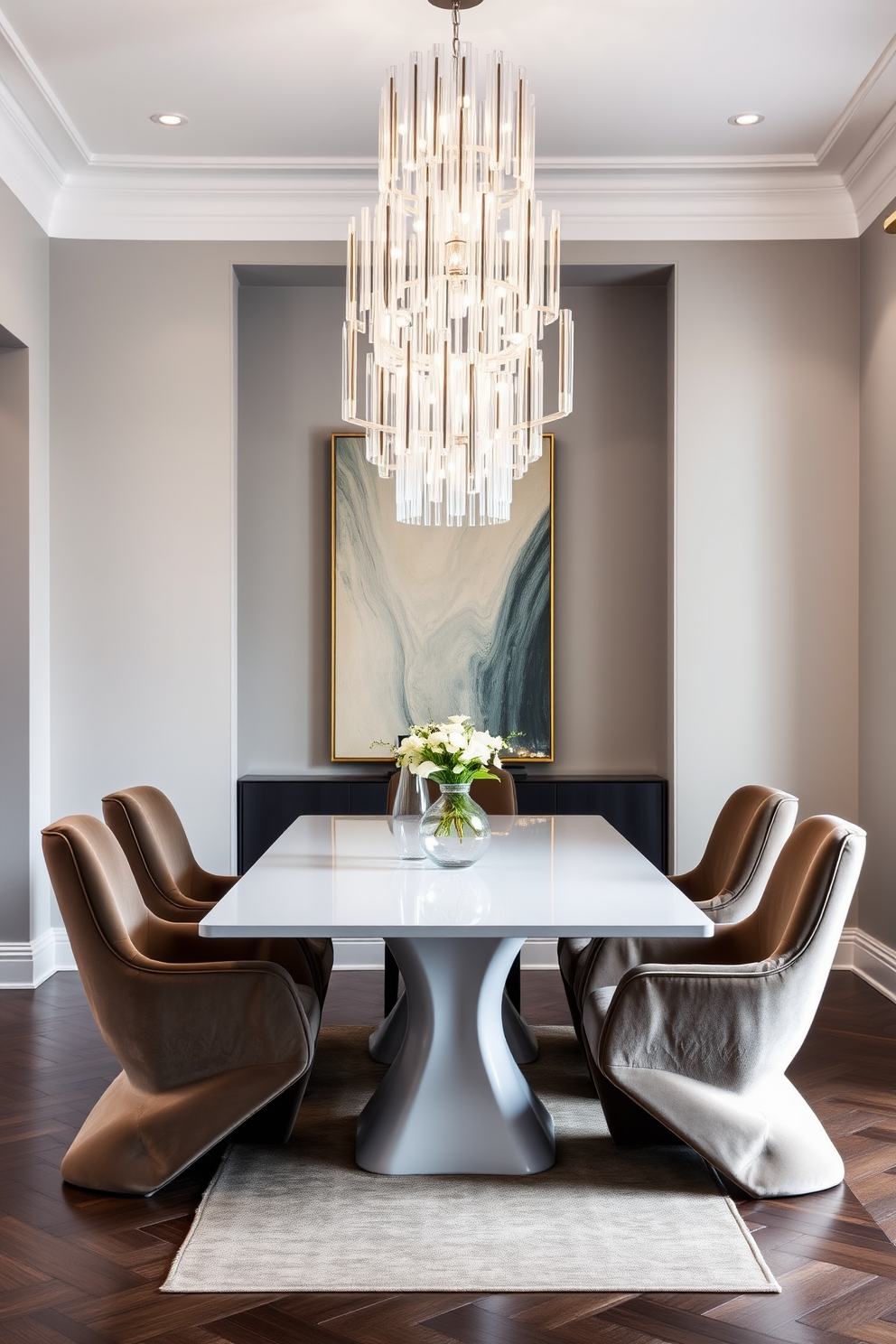 Unique dining chairs with sculptural shapes create a striking focal point in the contemporary dining room. The chairs are upholstered in rich velvet and feature organic curves that complement a sleek, minimalist dining table. The walls are painted in a soft gray, enhancing the modern aesthetic of the space. A statement chandelier hangs above the table, casting a warm glow and highlighting the artistic design of the chairs.