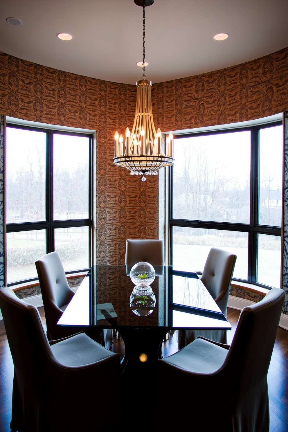 A contemporary dining room featuring textured wallpaper that adds depth and character to the space. The dining table is a sleek glass design surrounded by upholstered chairs in a neutral tone, creating an inviting atmosphere. A statement chandelier hangs above the table, providing warm lighting that enhances the elegant ambiance. Large windows allow natural light to flood the room, highlighting the subtle patterns of the wallpaper.