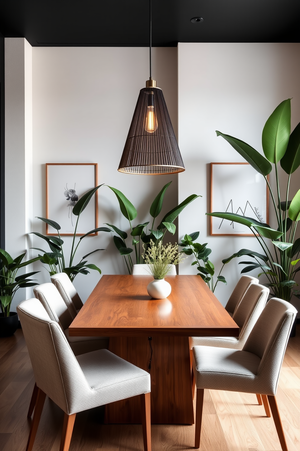 A contemporary dining room features a sleek wooden table surrounded by upholstered chairs in a neutral tone. Large indoor plants are strategically placed in the corners, adding a fresh and vibrant touch to the space. The walls are adorned with minimalist artwork that complements the overall color scheme. A statement pendant light hangs above the table, providing warm illumination for an inviting atmosphere.