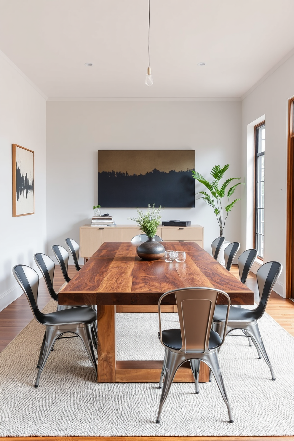 A contemporary dining room featuring rustic elements such as a reclaimed wood dining table surrounded by sleek metal chairs. The walls are adorned with minimalist artwork, and large windows let in natural light, highlighting the contrasting textures of wood and metal.