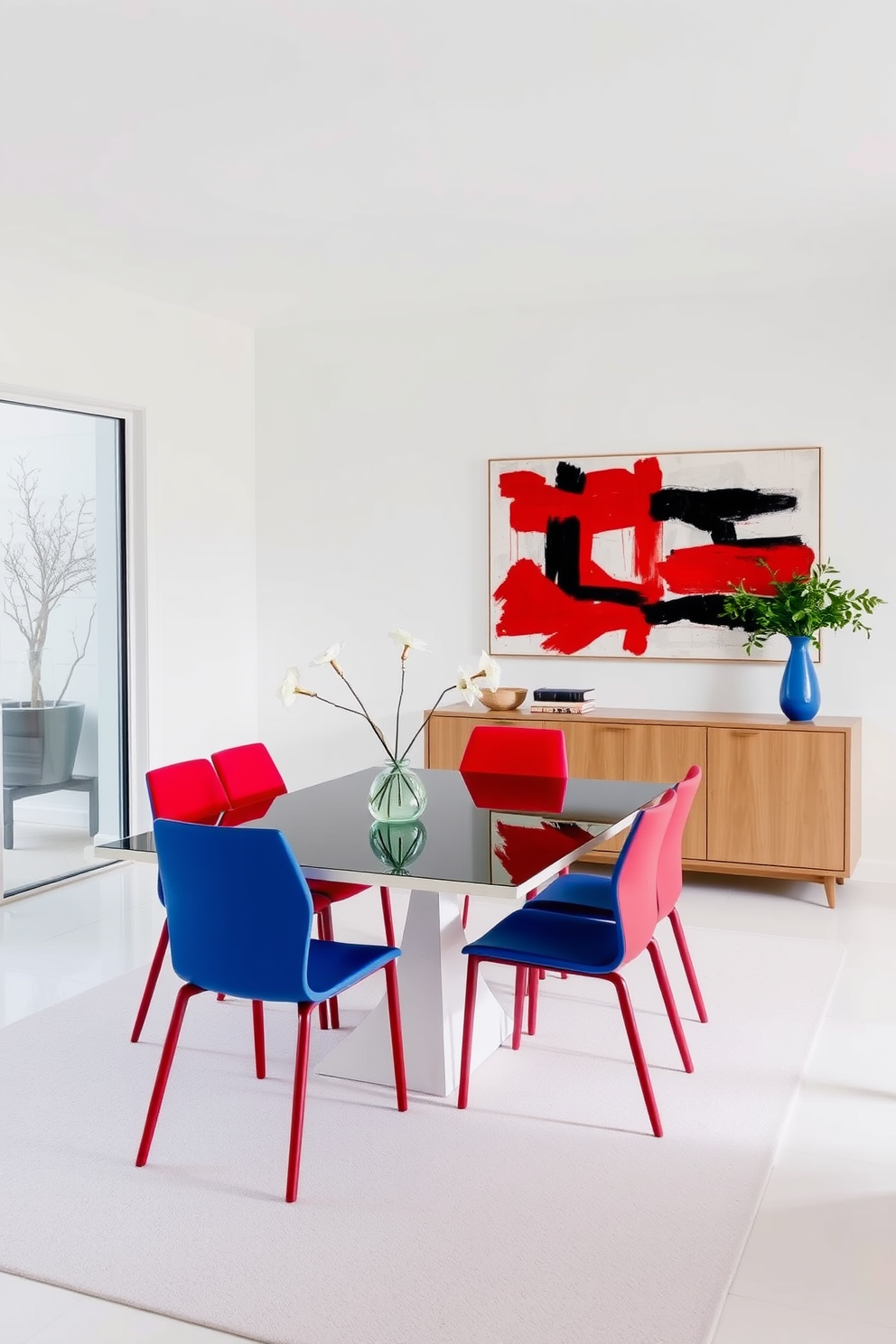 A contemporary dining room featuring minimalist furniture with bold colors. The dining table is sleek and rectangular, surrounded by vibrant chairs in a mix of red and blue hues. The walls are painted in a crisp white, creating a clean backdrop for the colorful elements. A large abstract painting with bold strokes hangs above the sideboard, adding a focal point to the space.