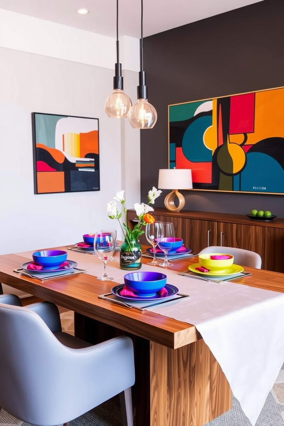 A contemporary dining room featuring a sleek wooden table with bold color accents in the table settings. Brightly colored plates and vibrant napkins contrast against a neutral tablecloth, creating an inviting atmosphere. The walls are adorned with modern artwork that complements the color scheme. Elegant pendant lights hang above the table, casting a warm glow over the dining area.