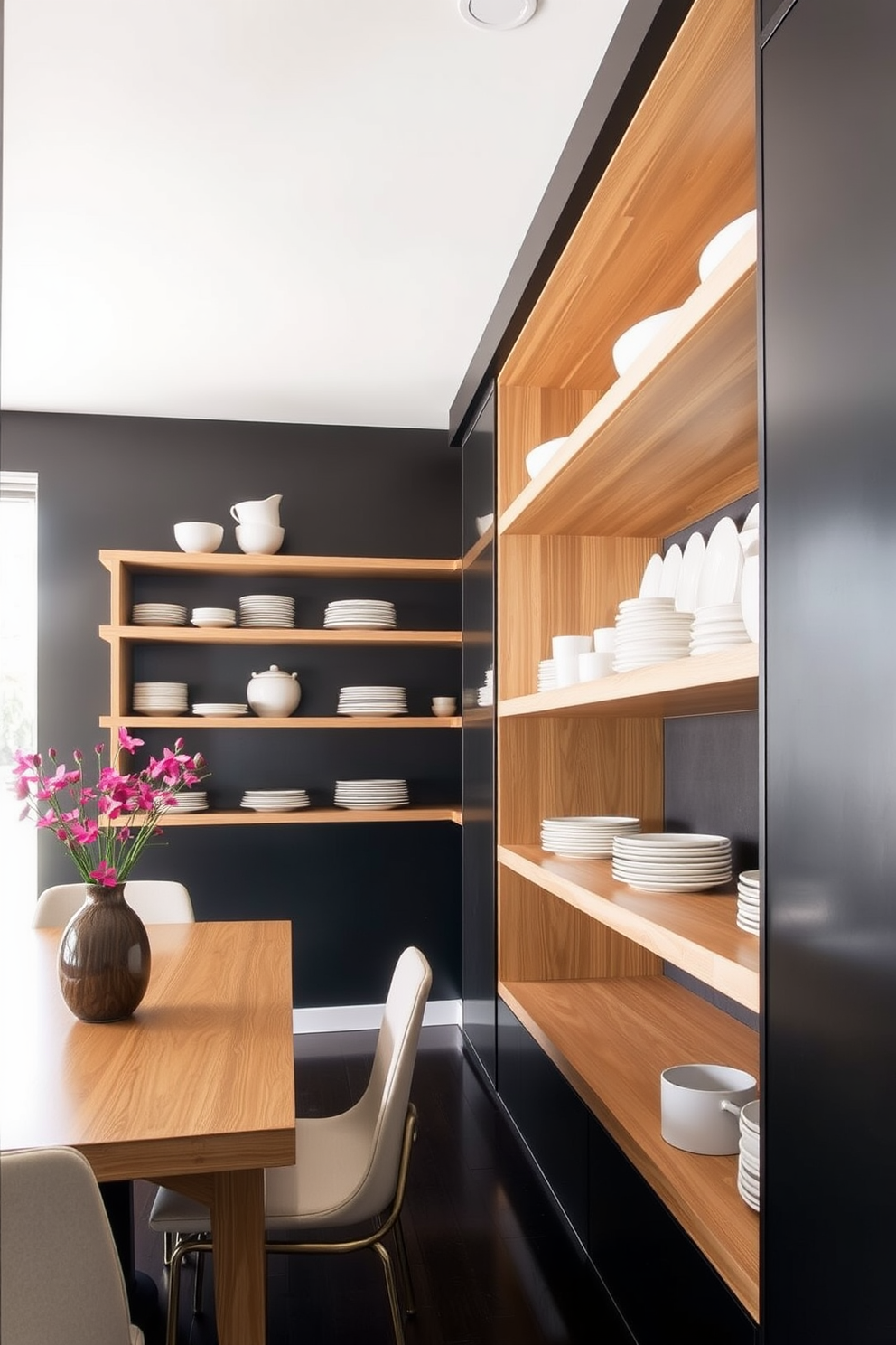 A contemporary dining room features open shelving that elegantly displays an array of dishware. The shelves are crafted from light wood, creating a warm contrast against the sleek, dark walls.