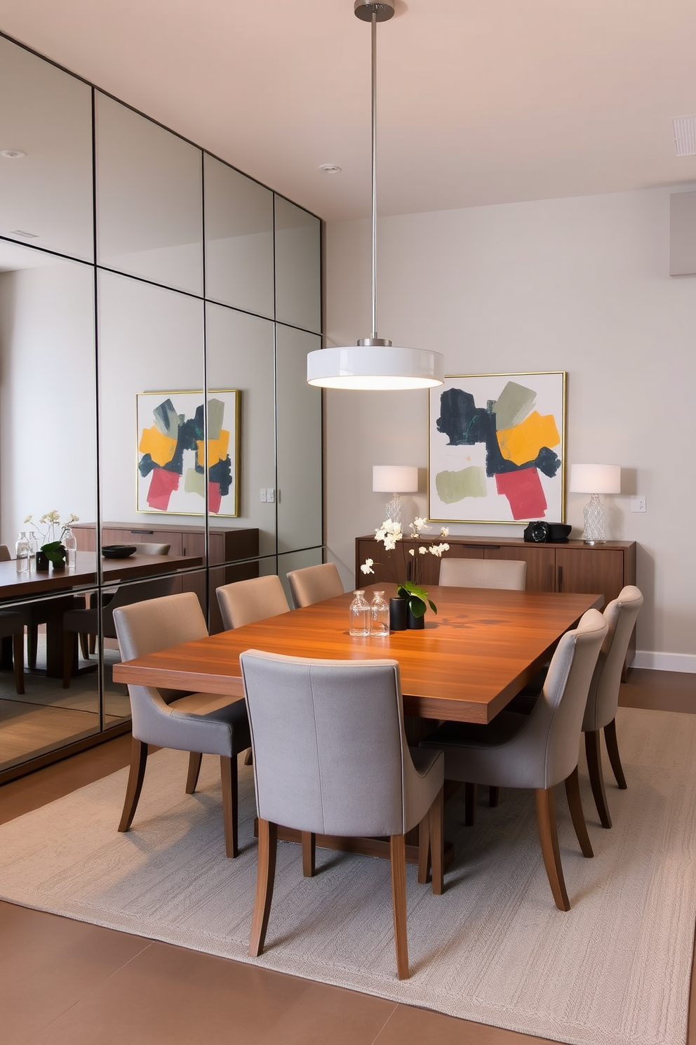 A contemporary dining room features large mirrors on one wall to enhance the sense of space and light. The room is adorned with a sleek wooden dining table surrounded by upholstered chairs in a neutral palette. Soft pendant lighting hangs above the table, casting a warm glow in the evening. A statement piece of artwork is displayed on the opposite wall, adding a touch of color and personality to the space.