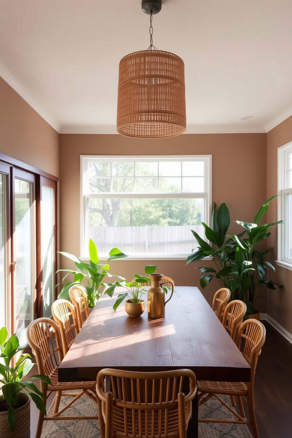 A contemporary dining room featuring sustainable materials such as reclaimed wood for the dining table and bamboo chairs. Large windows allow natural light to flood the space, highlighting the green plants that add a touch of nature to the decor. The walls are painted in a soft earth tone, complementing the organic textures of the furnishings. A statement pendant light made from recycled materials hangs above the table, creating a warm and inviting atmosphere.