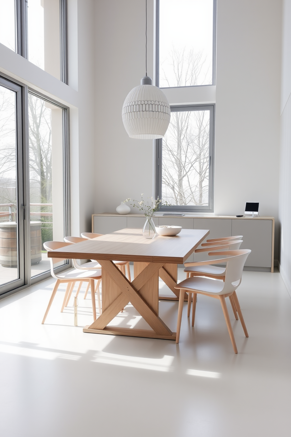 A contemporary dining room featuring creative use of space with foldable furniture. The room includes a sleek, extendable dining table made of light wood, surrounded by minimalist chairs that can be easily stacked or tucked away. Large windows allow natural light to flood the space, enhancing the airy atmosphere. A subtle color palette of soft grays and whites complements the modern aesthetic, while a statement pendant light hangs above the table, adding a touch of elegance.