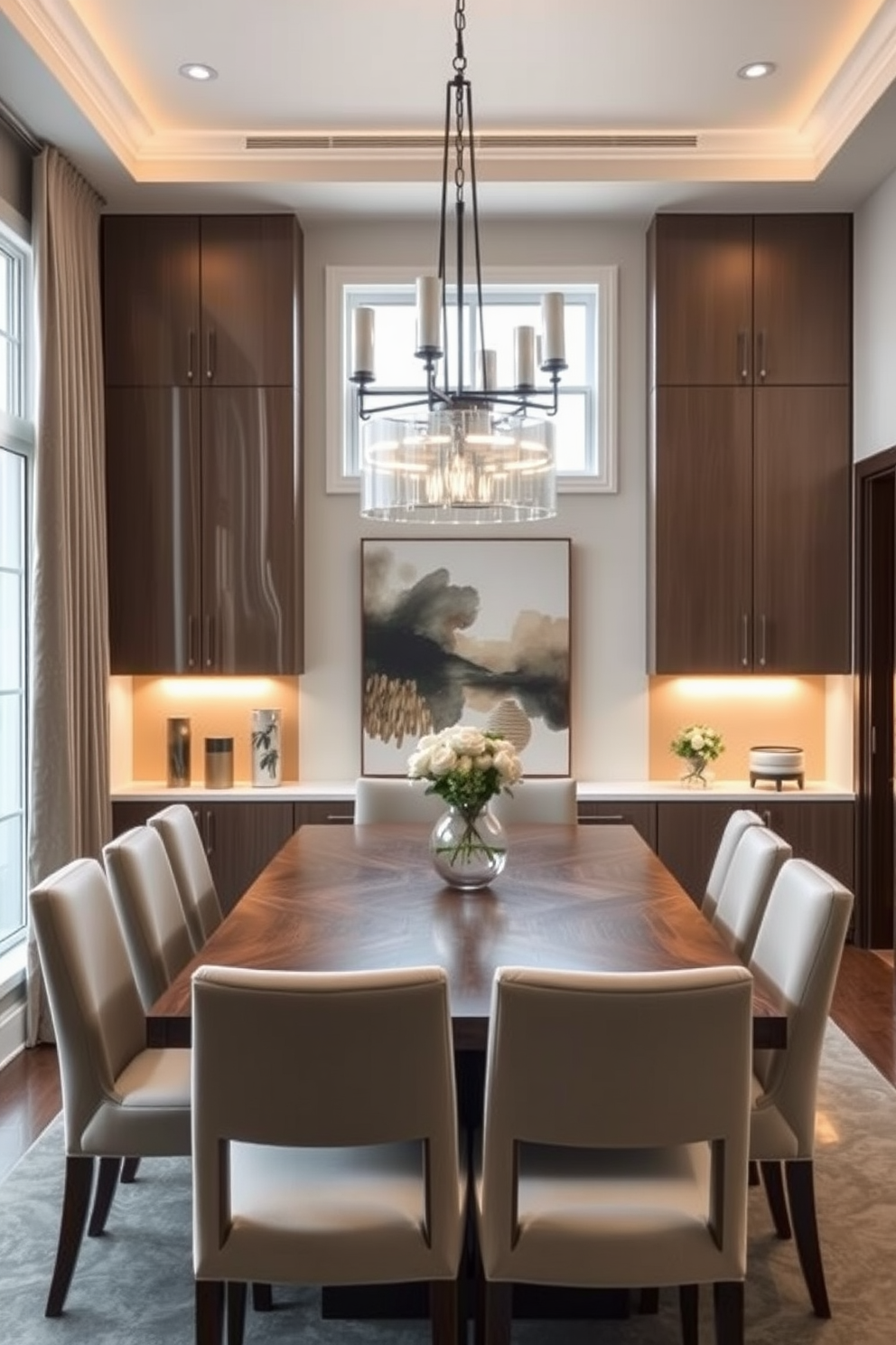 A contemporary dining room featuring a sleek wooden dining table surrounded by upholstered chairs in a neutral tone. Accent lighting is installed under the cabinets, creating a warm glow that enhances the room's modern aesthetic. The walls are adorned with abstract artwork that complements the color scheme, while a stylish chandelier hangs above the table. Large windows allow natural light to flood the space, highlighting the elegant decor and inviting atmosphere.