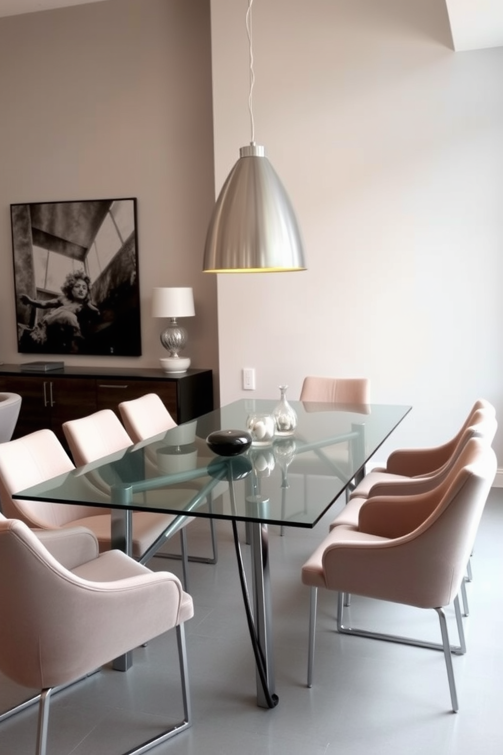 A sleek glass dining table with metal legs is the centerpiece of this contemporary dining room. Surrounding the table are stylish upholstered chairs in a neutral tone, creating a harmonious balance with the glass and metal elements. The walls are painted in a soft gray, enhancing the modern aesthetic of the space. A statement pendant light hangs above the table, casting a warm glow over the dining area and adding an inviting atmosphere.