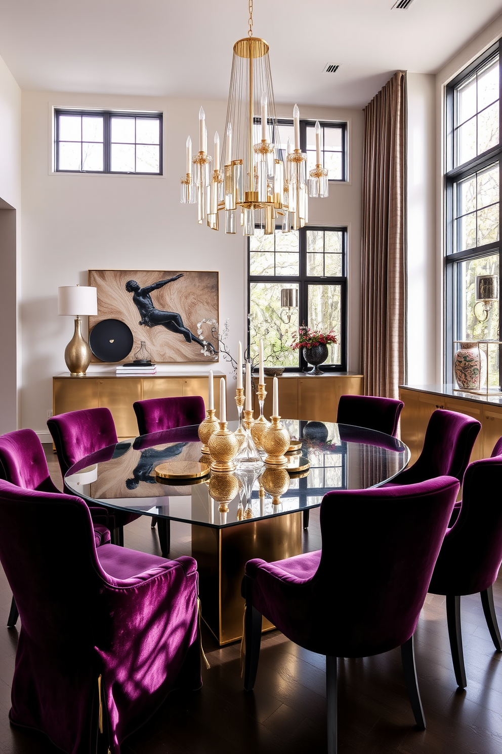 A contemporary dining room featuring a sleek glass table surrounded by plush velvet chairs in rich jewel tones. The room is adorned with metallic finishes, including a striking chandelier with gold accents and a sideboard with a brushed brass finish. The walls are painted in a soft neutral color, creating a warm and inviting atmosphere. Large windows allow natural light to flood the space, highlighting the elegant decor and sophisticated table setting.