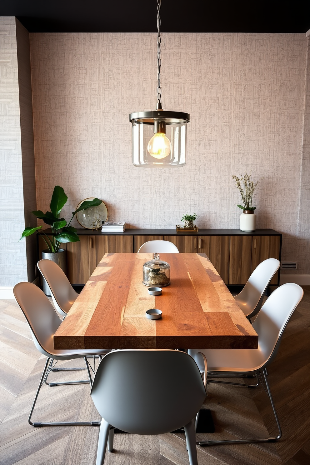 A contemporary dining room featuring a blend of mixed materials for a layered look. The table is made of reclaimed wood paired with sleek metal chairs, creating an inviting yet modern atmosphere. The walls are adorned with textured wallpaper in soft neutral tones, enhancing the room's warmth. A statement pendant light made of glass and metal hangs above the table, casting a beautiful glow during dinner parties.