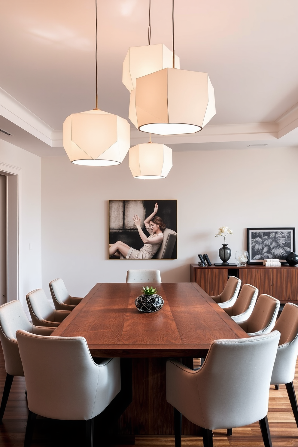 A contemporary dining room featuring a large wooden dining table surrounded by sleek upholstered chairs. Above the table, oversized pendant lights with geometric designs provide an elegant focal point, casting a warm glow over the space. The walls are painted in a soft neutral tone, complementing the rich wood of the table. A stylish sideboard against one wall displays decorative items and serves as additional storage.