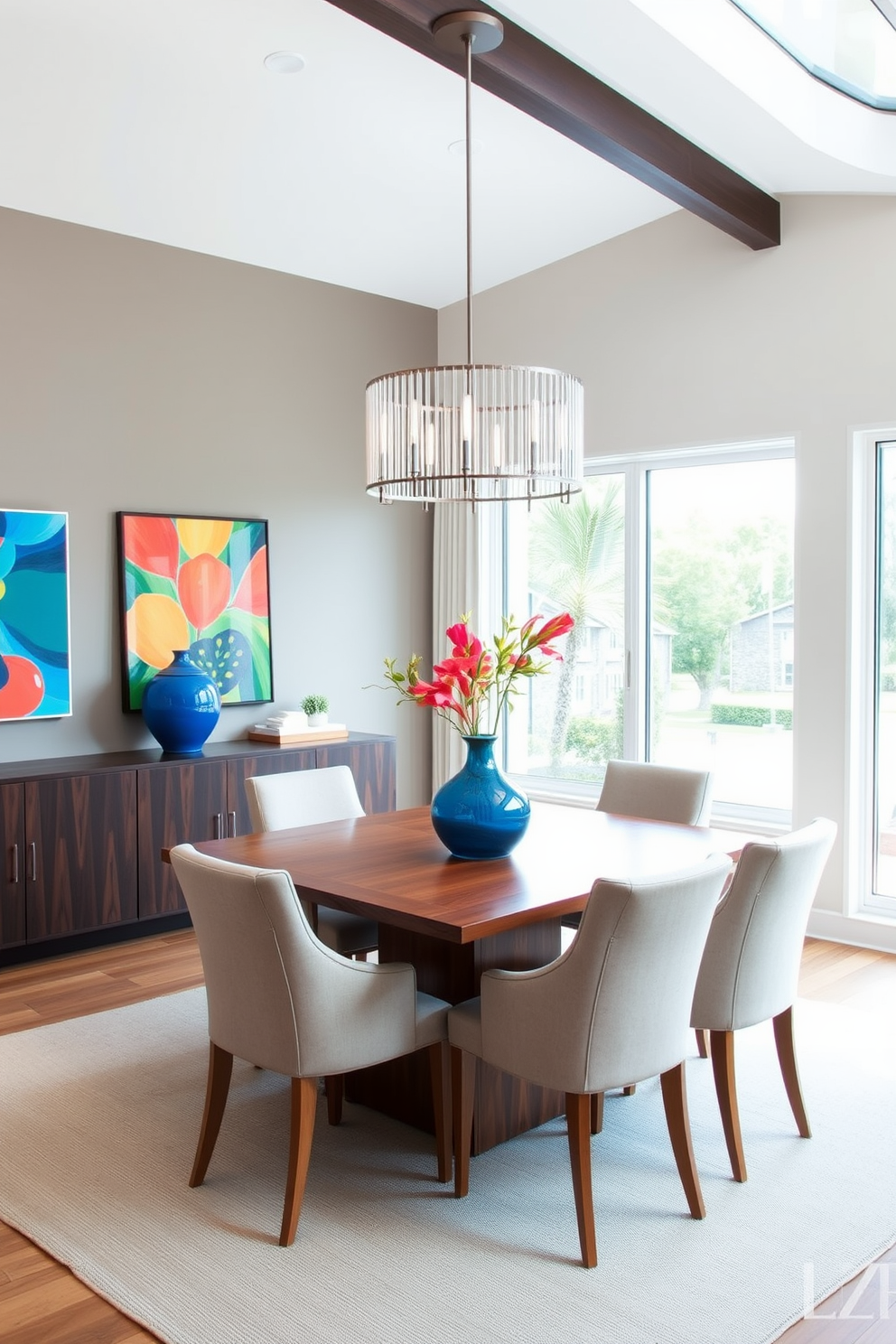 A contemporary dining room features a sleek wooden table surrounded by upholstered chairs in a neutral fabric. Vibrant accent pieces such as a bold blue vase and colorful artwork adorn the walls, adding a lively touch to the space. The room is illuminated by a modern chandelier that complements the minimalist design. Large windows allow natural light to flood in, enhancing the warm neutral tones throughout the room.