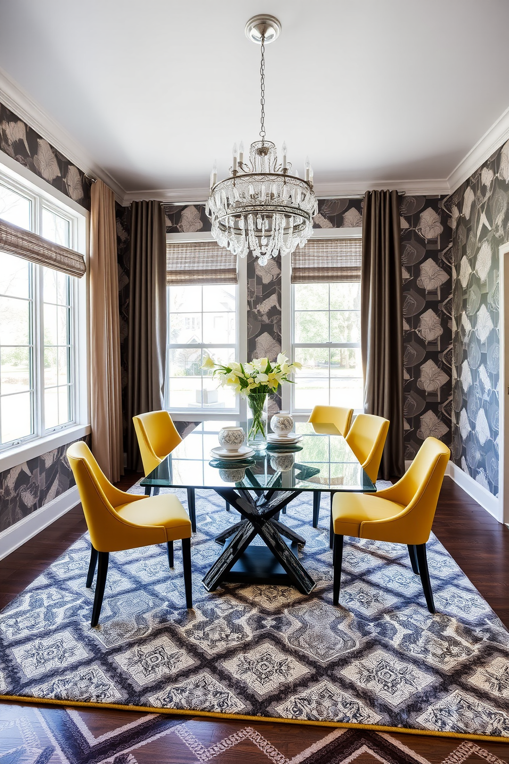 A contemporary dining room features geometric patterns on both the area rug and the walls, creating a cohesive and stylish look. The dining table is a sleek glass design surrounded by upholstered chairs in a bold color that complements the patterns. Large windows allow natural light to flood the space, highlighting the unique shapes and lines of the decor. A statement chandelier hangs above the table, adding an elegant touch to the modern aesthetic.