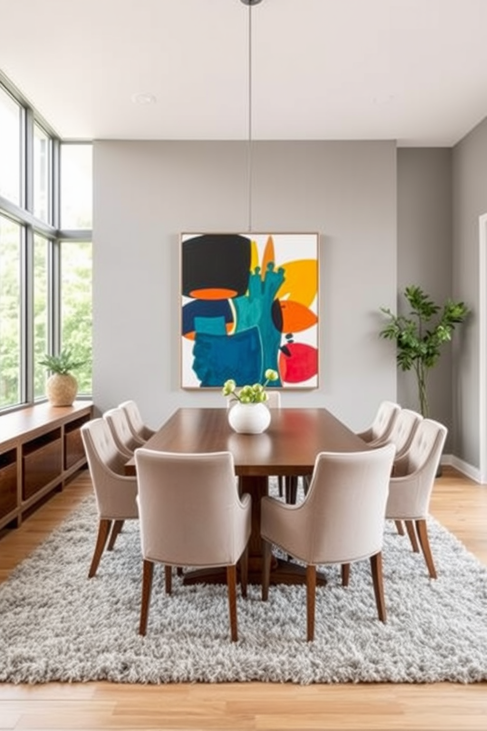 A contemporary dining room featuring a statement art piece as the focal point. The space includes a sleek wooden dining table surrounded by upholstered chairs in neutral tones. Large windows allow natural light to flood the room, enhancing the vibrant colors of the art piece. The walls are painted in a soft gray shade, and the floor is adorned with a plush area rug that adds warmth to the setting.