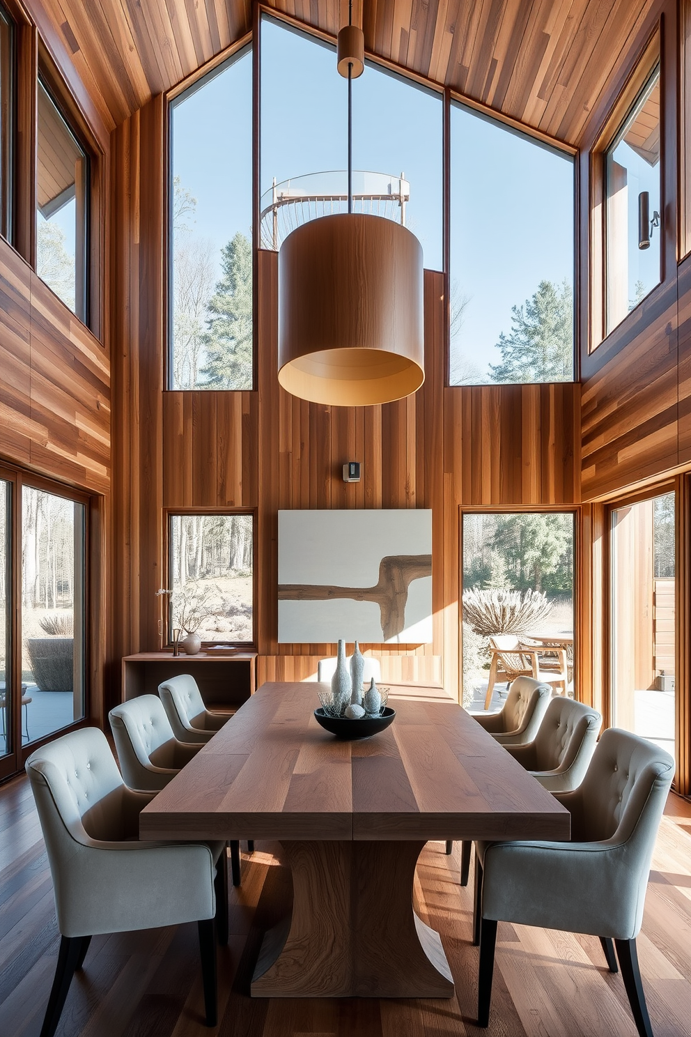 A contemporary dining room featuring natural wood elements that create a warm and inviting atmosphere. The centerpiece is a large wooden dining table surrounded by stylish upholstered chairs in soft neutral tones. Large windows allow ample natural light to flood the space, enhancing the rich textures of the wood. A statement pendant light hangs above the table, providing an elegant focal point while complementing the overall design.