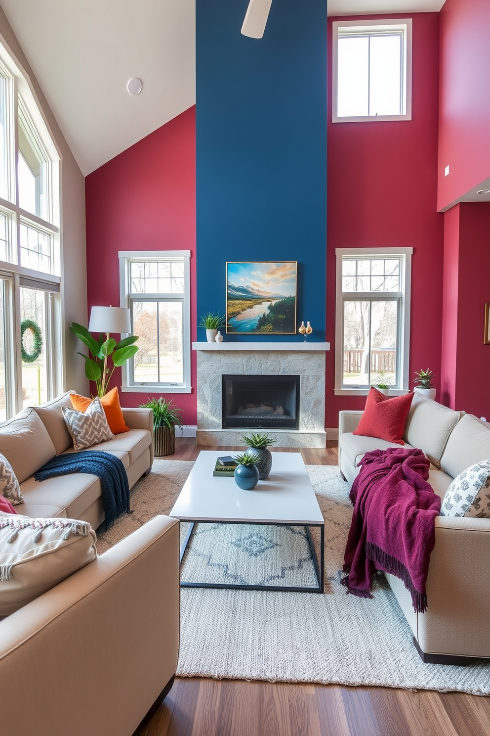 A contemporary family room featuring an accent wall in rich jewel tones creates a vibrant focal point. Plush seating arrangements in neutral colors complement the bold wall, enhancing the overall aesthetic. Large windows allow natural light to flood the space, highlighting decorative elements such as artwork and plants. A sleek coffee table sits at the center, surrounded by cozy throw blankets and stylish cushions.