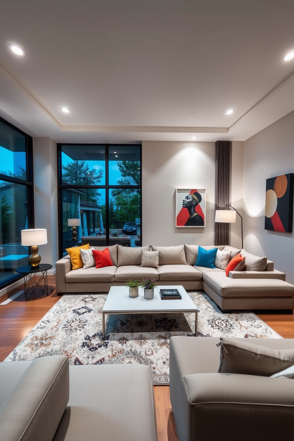 A contemporary family room features a plush sectional sofa in a neutral tone, accented by colorful throw pillows. A sleek coffee table sits in front, surrounded by a cozy area rug that adds texture to the space. Soft lighting fixtures, including recessed lights and stylish floor lamps, create a warm ambiance throughout the room. Large windows allow natural light to filter in, enhancing the inviting atmosphere and showcasing modern artwork on the walls.