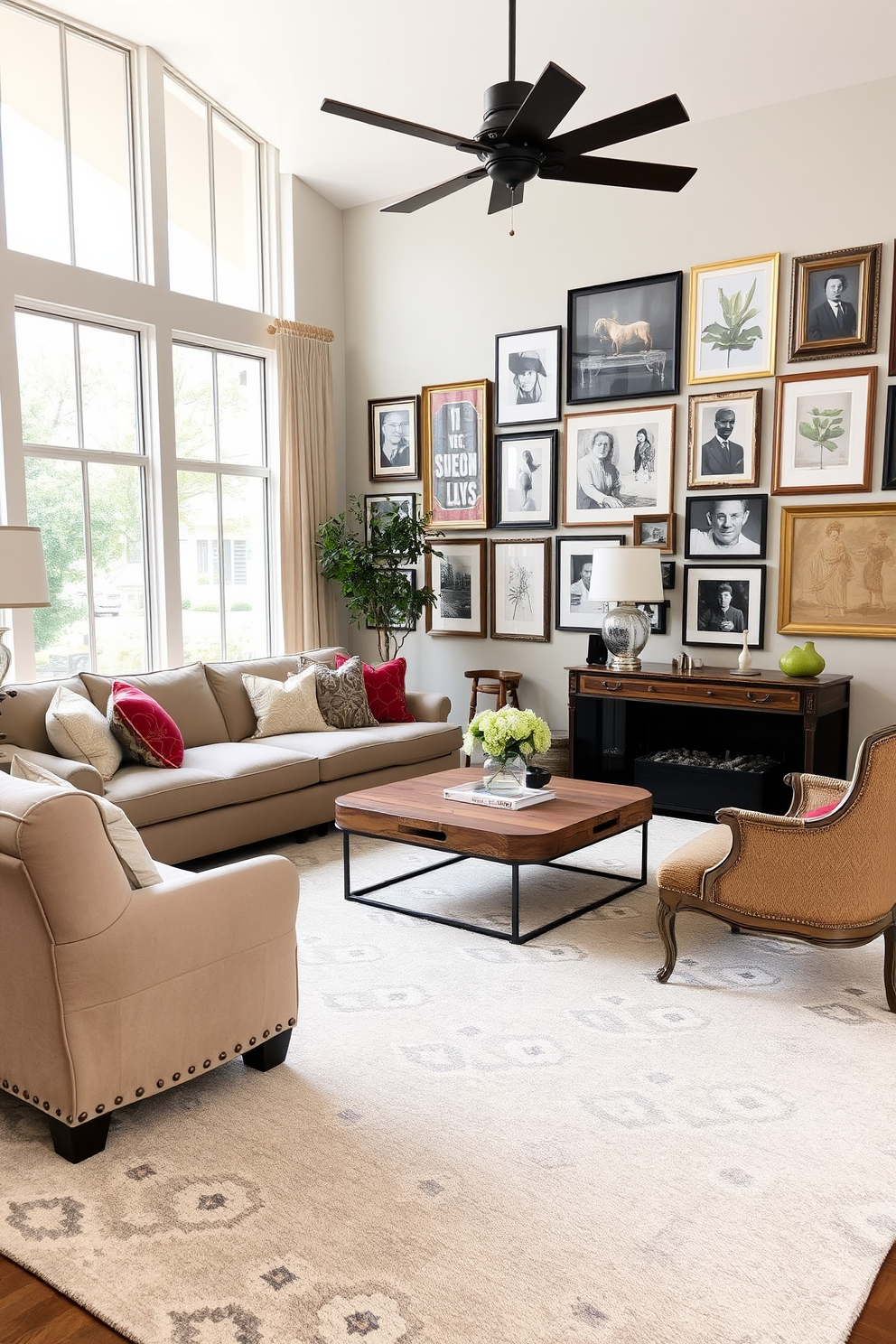 A contemporary family room featuring a mix of vintage and modern furniture. A plush sectional sofa in a neutral tone is paired with a reclaimed wood coffee table and an antique armchair, creating a cozy yet stylish atmosphere. The walls are adorned with a gallery of framed artwork that blends classic and modern styles. A large area rug with a geometric pattern anchors the space, while floor-to-ceiling windows allow natural light to flood the room.