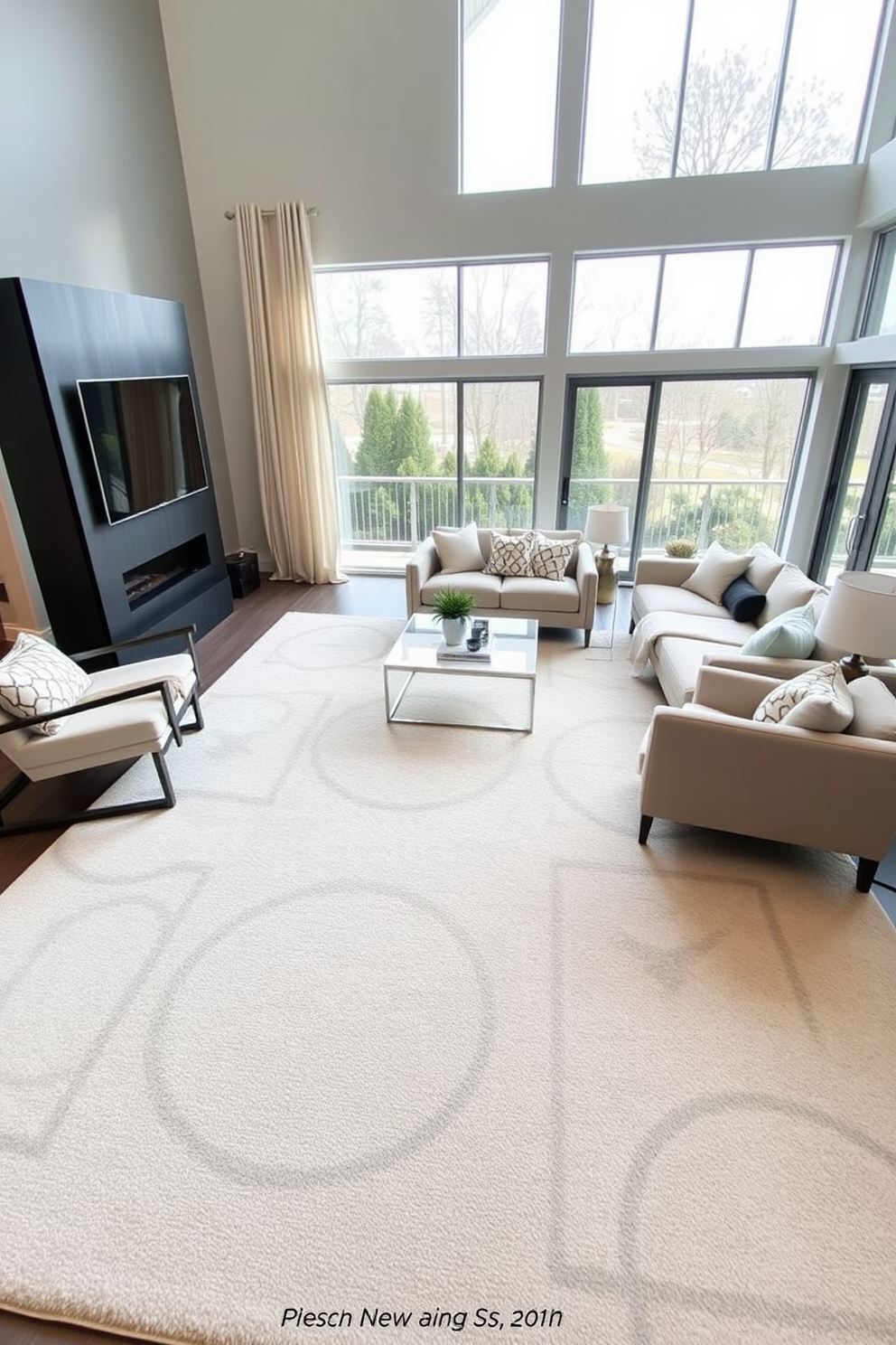 A contemporary family room features a large area rug that defines the seating area, creating a cozy and inviting atmosphere. The rug is adorned with geometric patterns in soft neutral tones that complement the modern furniture arrangement. The seating consists of a plush sectional sofa and a pair of accent chairs, all positioned around a sleek coffee table. Floor-to-ceiling windows allow natural light to flood the space, enhancing the airy feel of the room.