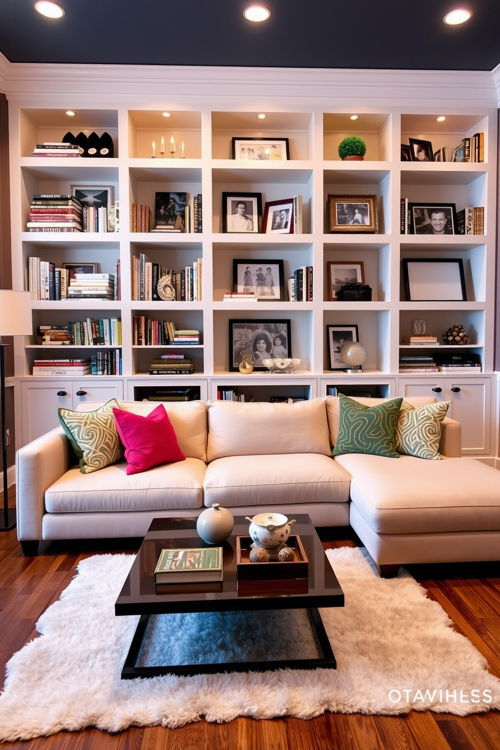 A contemporary family room featuring built-in shelves designed for personalized display. The shelves are filled with an eclectic mix of books, family photos, and decorative items that reflect the family's personality. The room is anchored by a plush sectional sofa in a neutral tone, complemented by vibrant throw pillows. A stylish coffee table sits in front, surrounded by a soft area rug that adds warmth to the space.