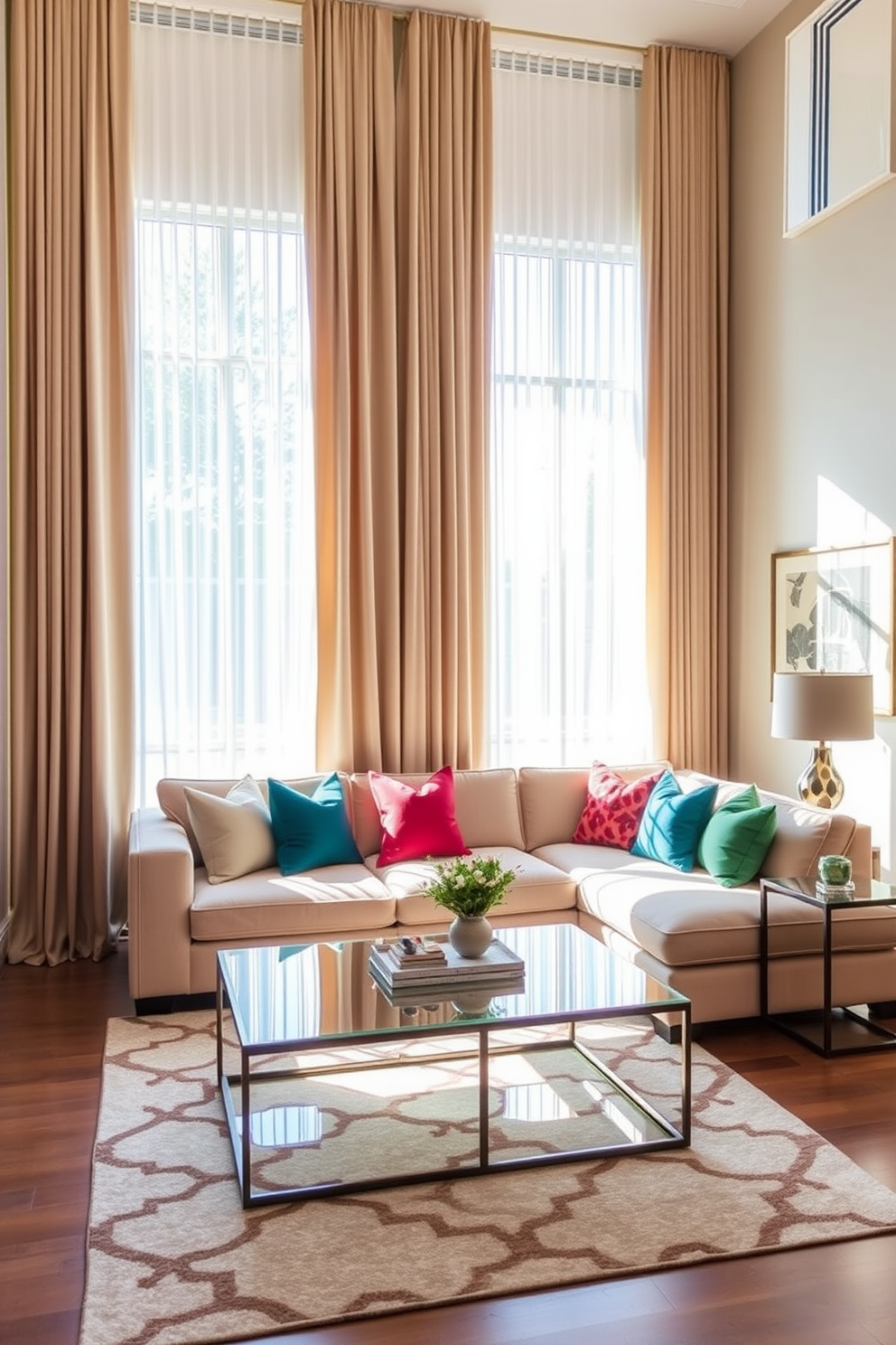 A contemporary family room features floor-to-ceiling curtains that elegantly frame large windows, allowing natural light to flood the space. The curtains are in a soft neutral tone, complementing a plush sectional sofa adorned with colorful throw pillows. The room includes a sleek coffee table made of glass and metal, positioned in front of the sofa. A modern area rug with geometric patterns anchors the seating area, while tasteful artwork hangs on the walls, enhancing the room's sophisticated atmosphere.