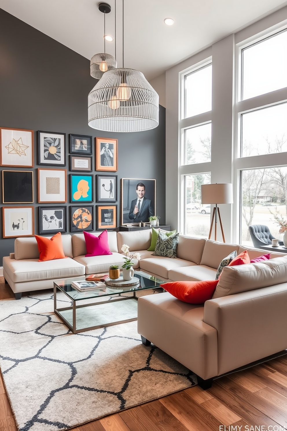 A contemporary family room featuring bold lighting fixtures as statement pieces. The room includes a large sectional sofa in a neutral tone, complemented by vibrant accent pillows and a sleek coffee table made of glass and metal. On the walls, a gallery of framed artwork adds personality, while a stylish area rug defines the seating area. Large windows allow natural light to flood the space, enhancing the modern aesthetic and creating a warm, inviting atmosphere.