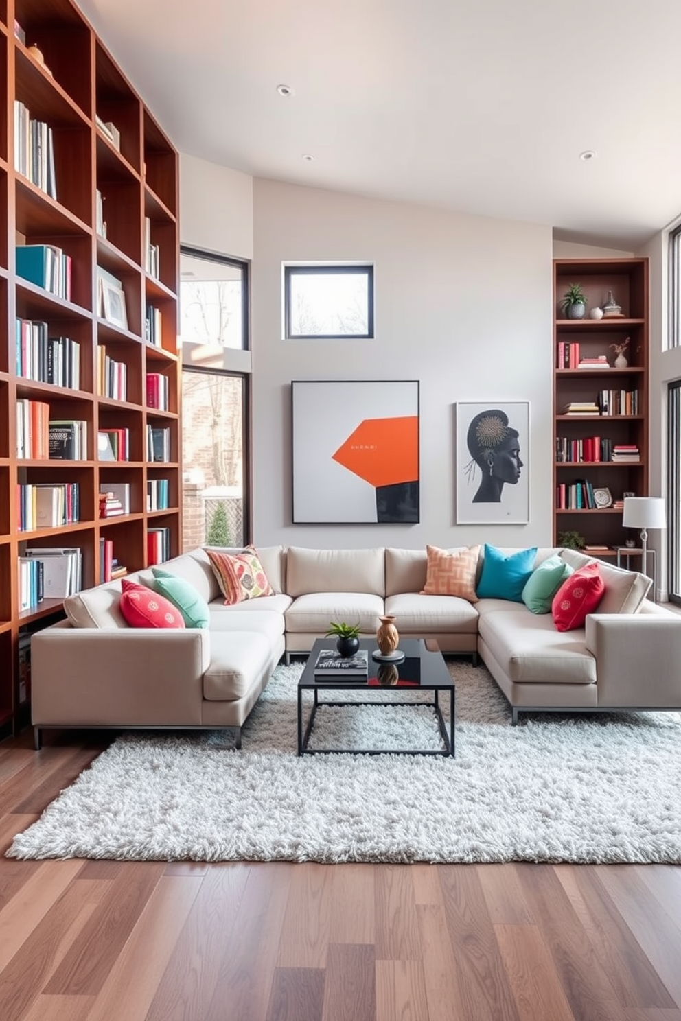 Open shelving lines the walls of a contemporary family room, showcasing a curated selection of books and decorative items. The room features a comfortable sectional sofa in a neutral tone, paired with a sleek coffee table and vibrant accent pillows. Large windows allow natural light to flood the space, highlighting the modern artwork displayed on the walls. A plush area rug anchors the seating area, creating a warm and inviting atmosphere for family gatherings.