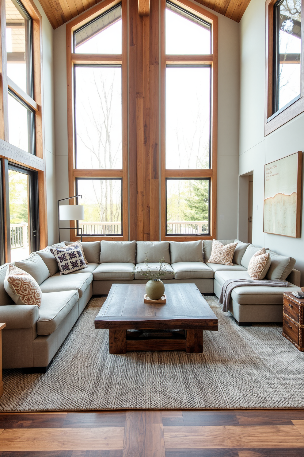 A contemporary family room designed with natural wood elements to create warmth and comfort. The space features a large sectional sofa in neutral tones, complemented by a reclaimed wood coffee table at the center. Floor-to-ceiling windows allow natural light to flood the room, highlighting the rich textures of the wooden accents. A cozy area rug defines the seating area, while a statement piece of artwork adds a pop of color to the walls.