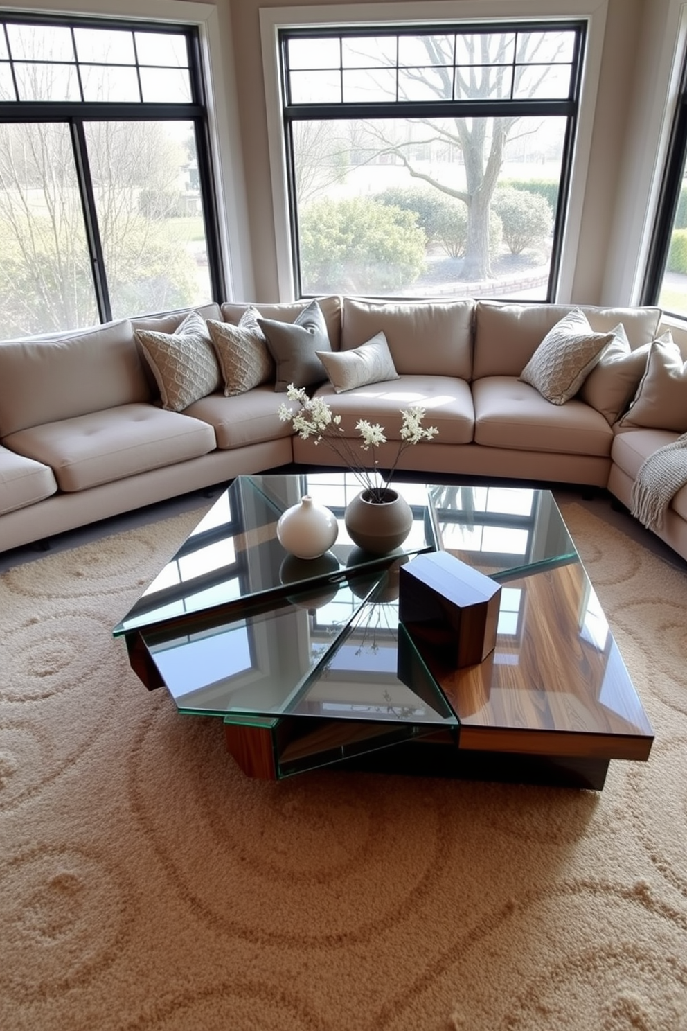 A unique coffee table serves as the focal point in a contemporary family room. The table features an artistic design with geometric shapes and a mix of materials like glass and wood, inviting conversation and admiration. Surrounding the table, a plush sectional sofa in a neutral tone offers comfort and style. Large windows allow natural light to flood the space, complemented by soft, textured throw pillows and an area rug that ties the room together.