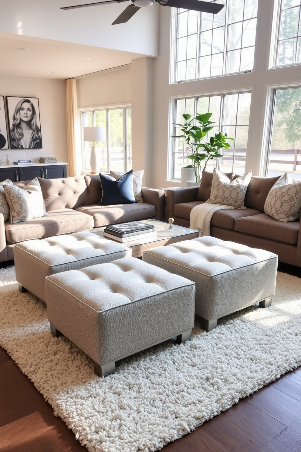 Stylish ottomans for extra seating in a contemporary family room. The ottomans are upholstered in a soft, textured fabric and feature clean lines with a minimalist design. Surrounding the ottomans, a plush area rug anchors the seating arrangement. Large windows allow natural light to fill the space, highlighting the neutral color palette and modern decor.