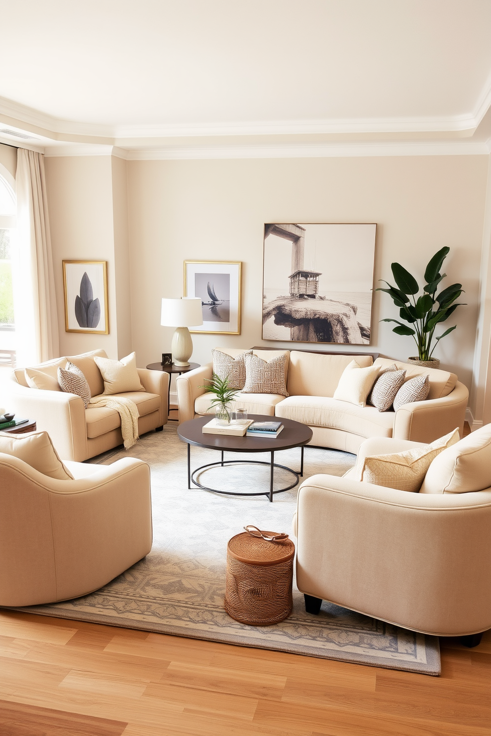 A contemporary family room with soft curves in the furniture to enhance comfort. The seating includes a plush sectional sofa with rounded edges, complemented by a cozy armchair that invites relaxation. The color palette features warm neutrals and soft pastels to create a welcoming atmosphere. A large area rug with a subtle pattern anchors the space, while oversized cushions add an extra layer of comfort.