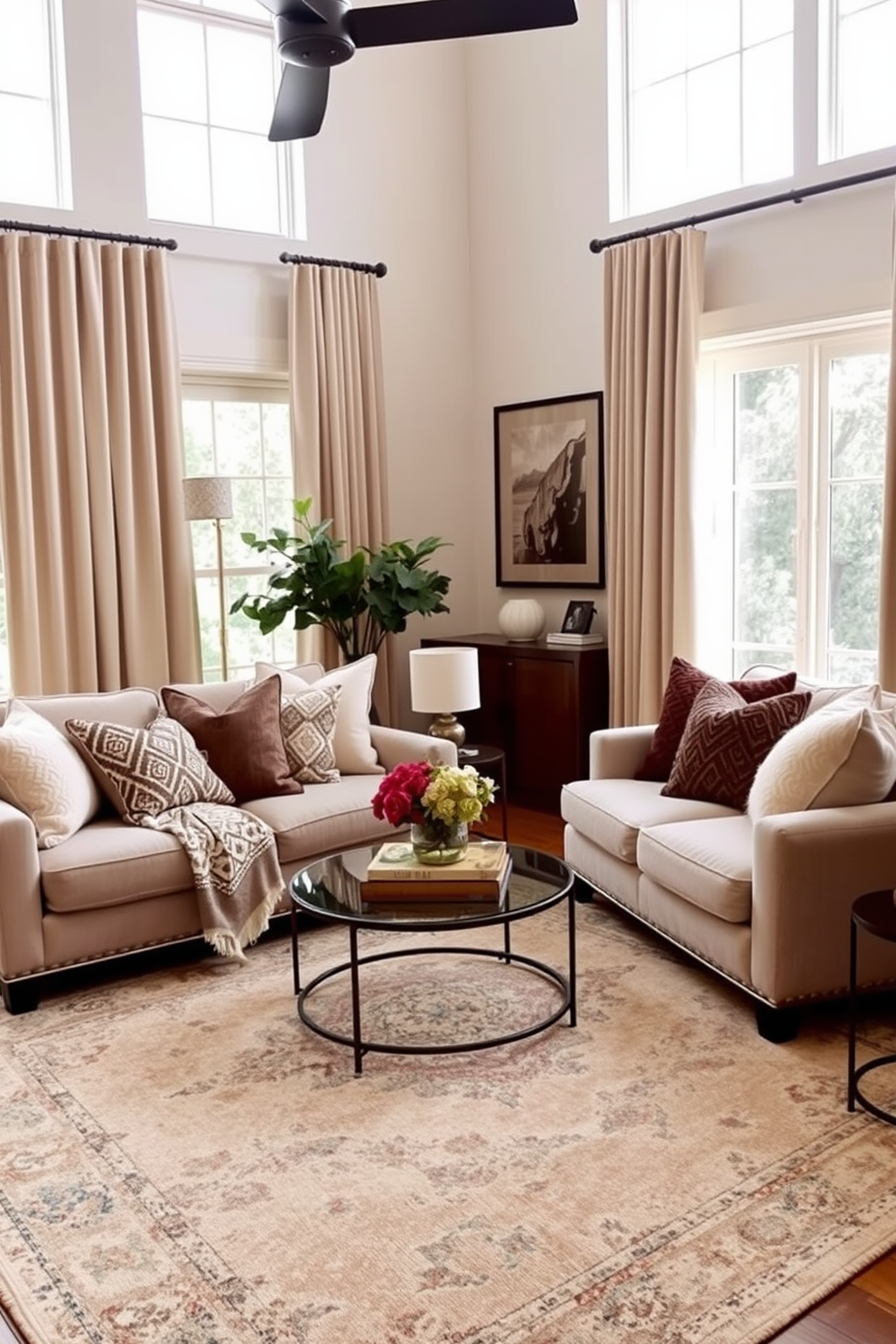 Layered textiles create a warm and inviting atmosphere in a contemporary family room. Plush sofas are adorned with an array of throw pillows in various textures and patterns, inviting relaxation and comfort. A large area rug anchors the space, featuring a blend of soft colors that complement the furniture. Floor-to-ceiling curtains in a light fabric frame the windows, allowing natural light to filter through while adding a touch of elegance.