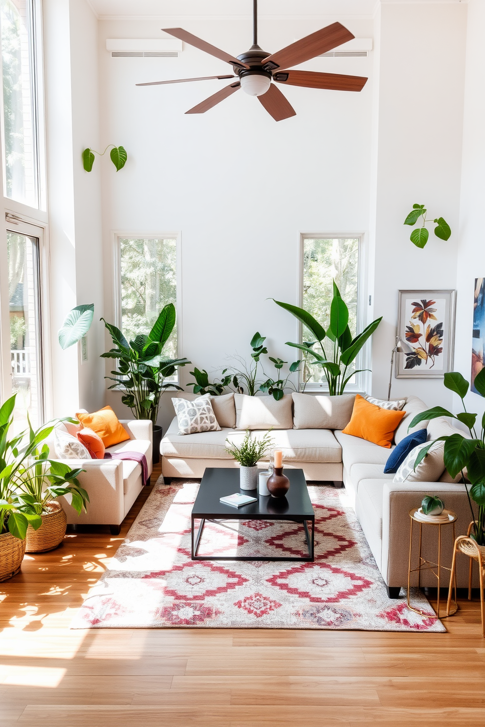 A contemporary family room filled with natural light. Lush indoor plants in various sizes are placed strategically around the room to create a fresh atmosphere. The seating area features a large sectional sofa in a neutral tone, complemented by vibrant throw pillows. A modern coffee table sits in the center, surrounded by a stylish area rug that adds warmth to the space.