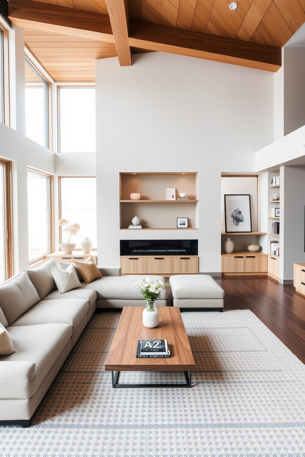 A contemporary family room featuring minimalist decor that emphasizes clean lines and open spaces. The room includes a sleek sectional sofa in neutral tones, paired with a low-profile coffee table made of natural wood. Functional storage solutions are integrated seamlessly, with built-in shelving units that display curated decor items and books. Large windows flood the space with natural light, enhancing the airy atmosphere and highlighting the simplicity of the design.