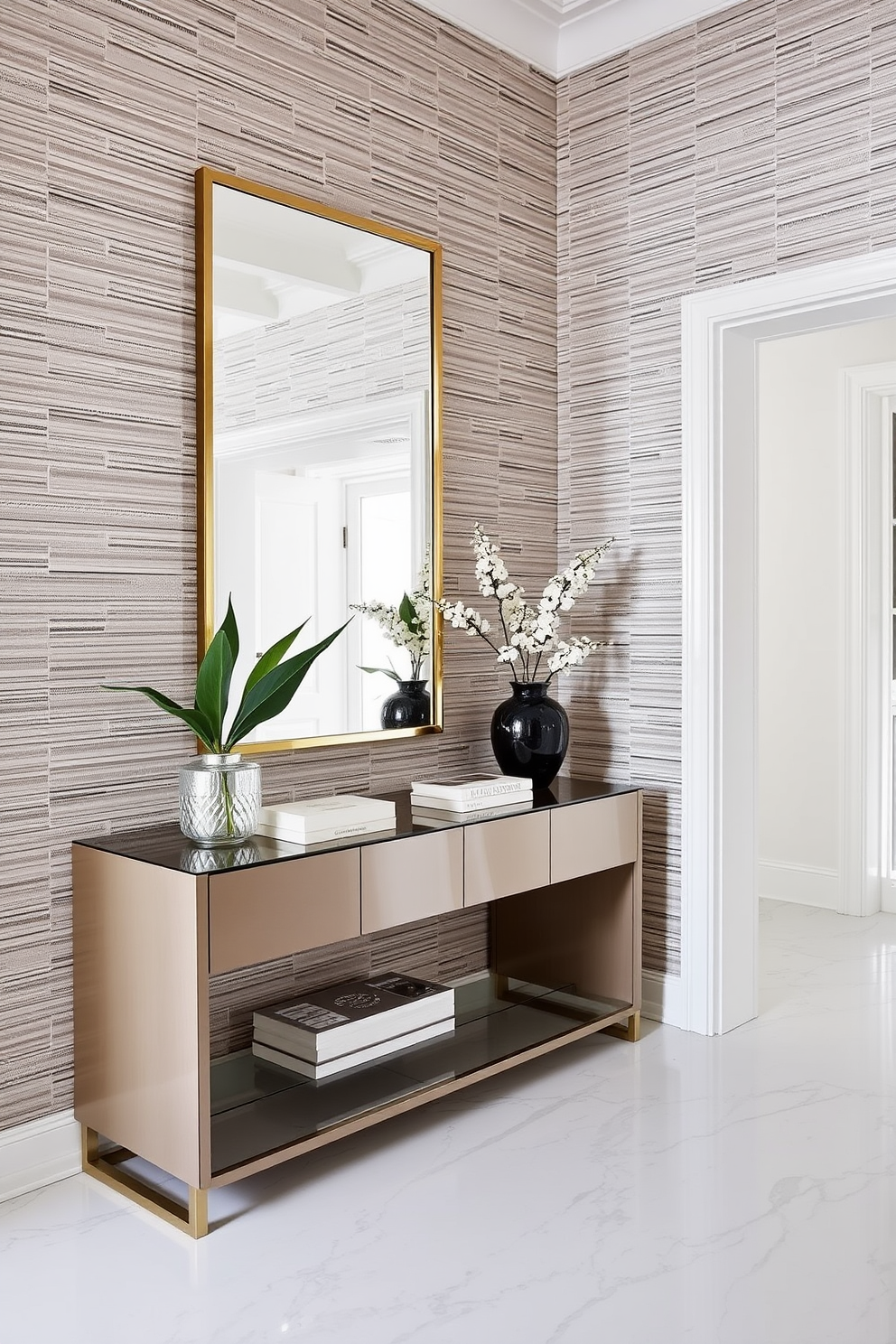 A contemporary foyer featuring textured wallpaper that adds depth and visual interest to the space. The entryway is adorned with a sleek console table and a statement mirror that reflects natural light.