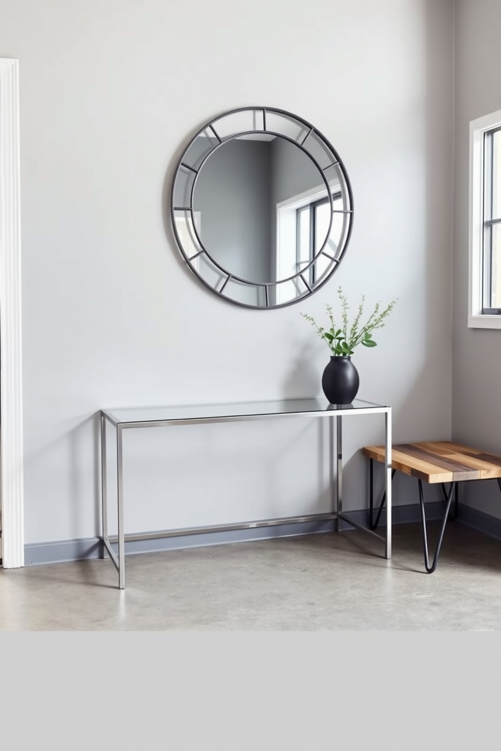 A contemporary foyer featuring an industrial style with metal accents. The space includes a sleek metal console table with a glass top, complemented by a large round mirror with a black metal frame above it. To the side, there is a unique bench made of reclaimed wood and metal legs, providing a welcoming seating area. The walls are painted in a soft gray, and the floor showcases polished concrete, enhancing the modern aesthetic.