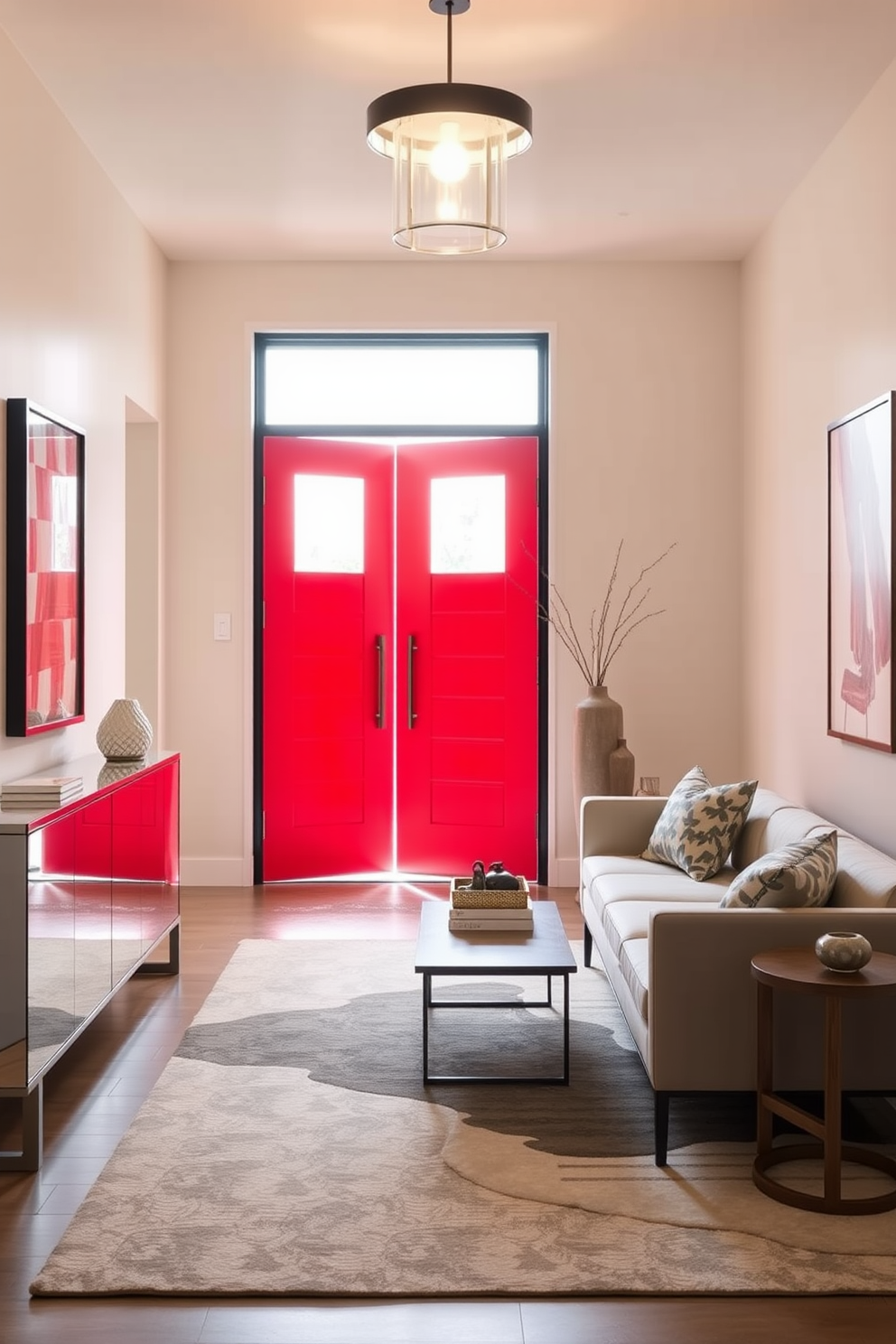 Brightly colored front door for contrast. The foyer features sleek lines and modern furniture, with a minimalist console table and a statement light fixture overhead. The walls are painted in a soft neutral tone to enhance the vibrancy of the door. A large area rug anchors the space, adding warmth and texture to the contemporary design.