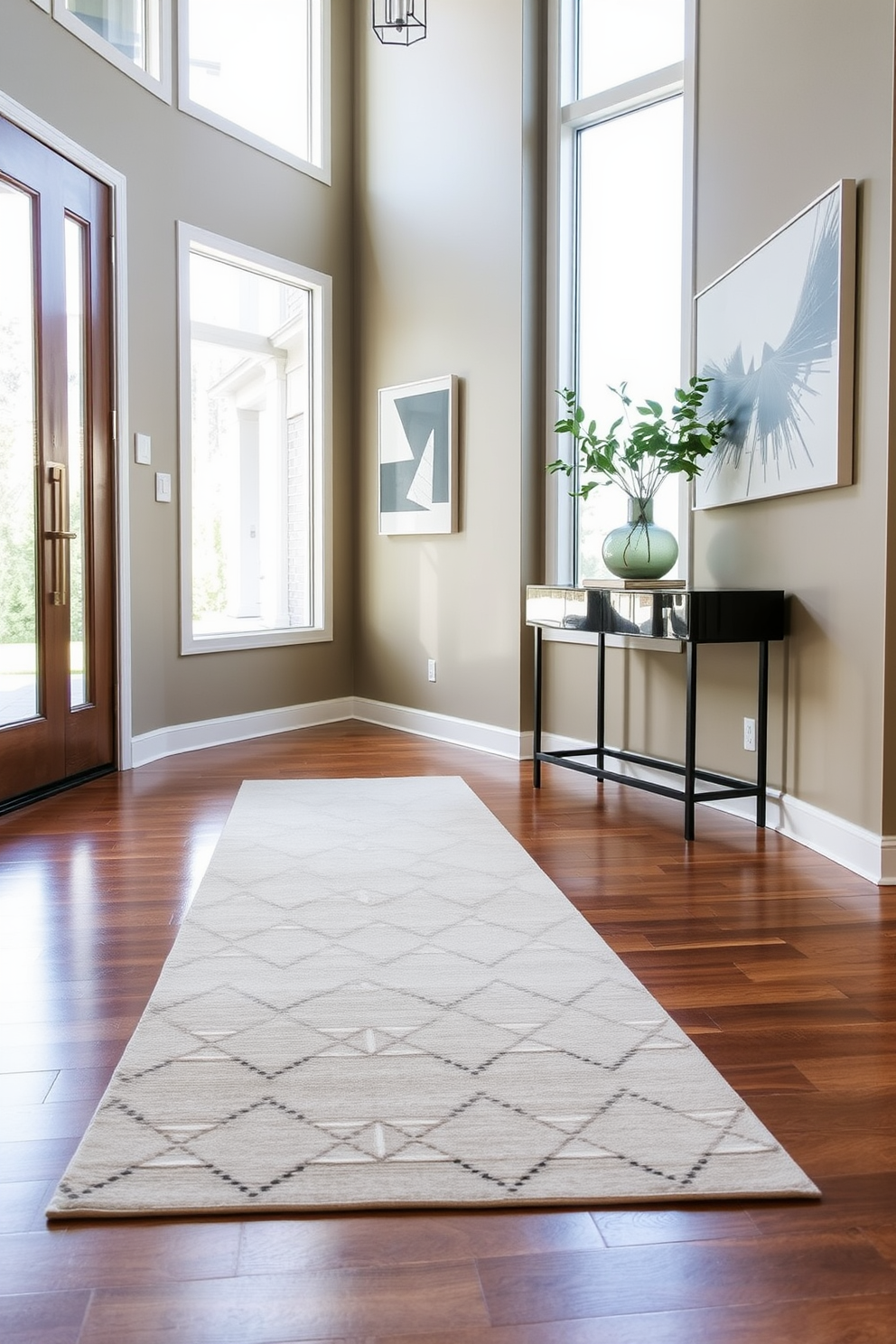 An elegant runner rug stretches across the polished hardwood floor of a contemporary foyer. The rug features a subtle geometric pattern in soft neutrals that complements the modern art pieces adorning the walls. Natural light floods the space through large windows, highlighting a sleek console table against one wall. A stylish vase filled with fresh greenery sits atop the table, adding a touch of life to the sophisticated entryway.