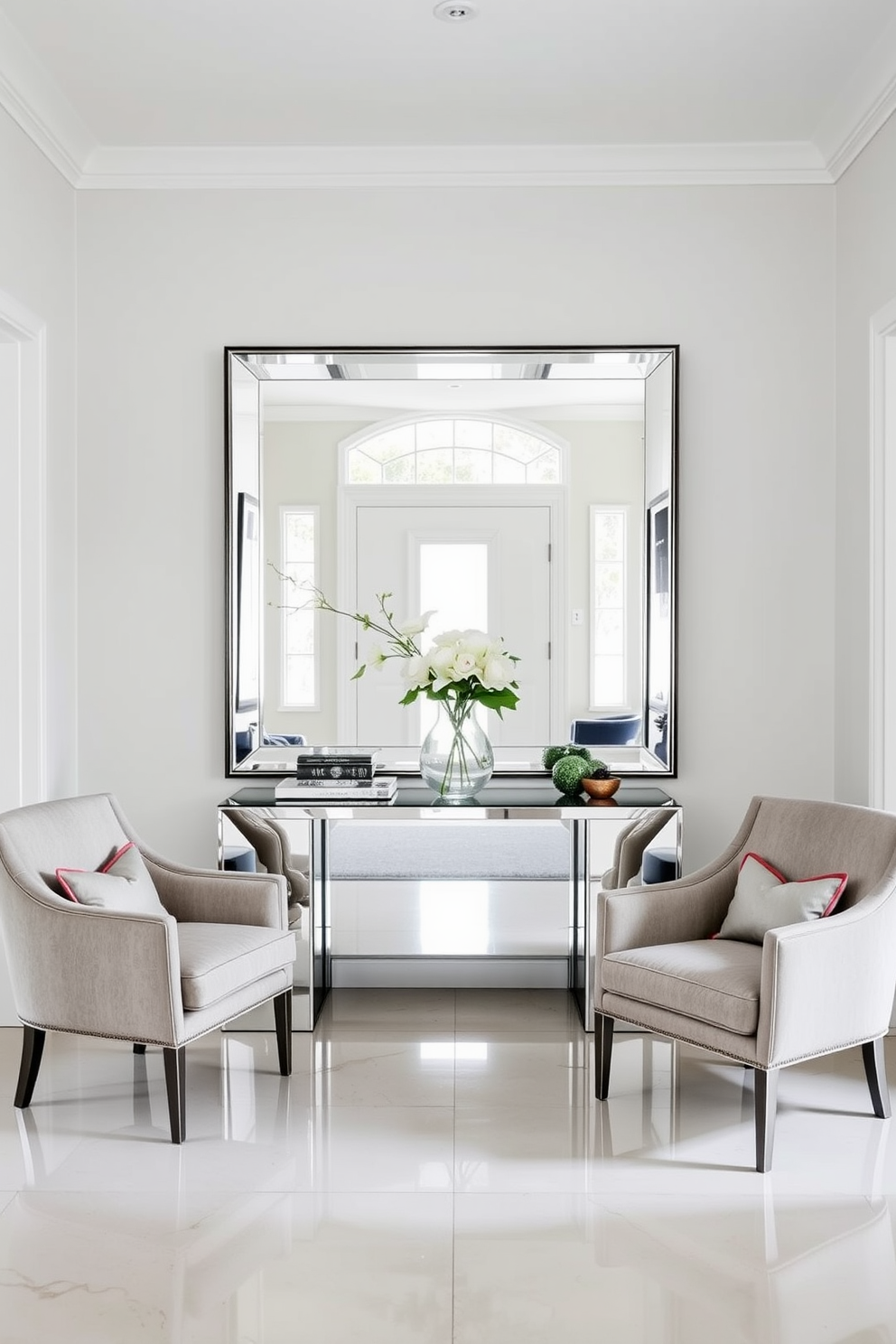 A contemporary foyer featuring mirrored furniture to enhance the sense of space. The focal point is a sleek mirrored console table adorned with a stylish vase and fresh flowers. Flanking the console are two modern accent chairs upholstered in a soft fabric. The walls are painted in a light neutral tone, and a large statement mirror reflects the natural light coming from the entrance.