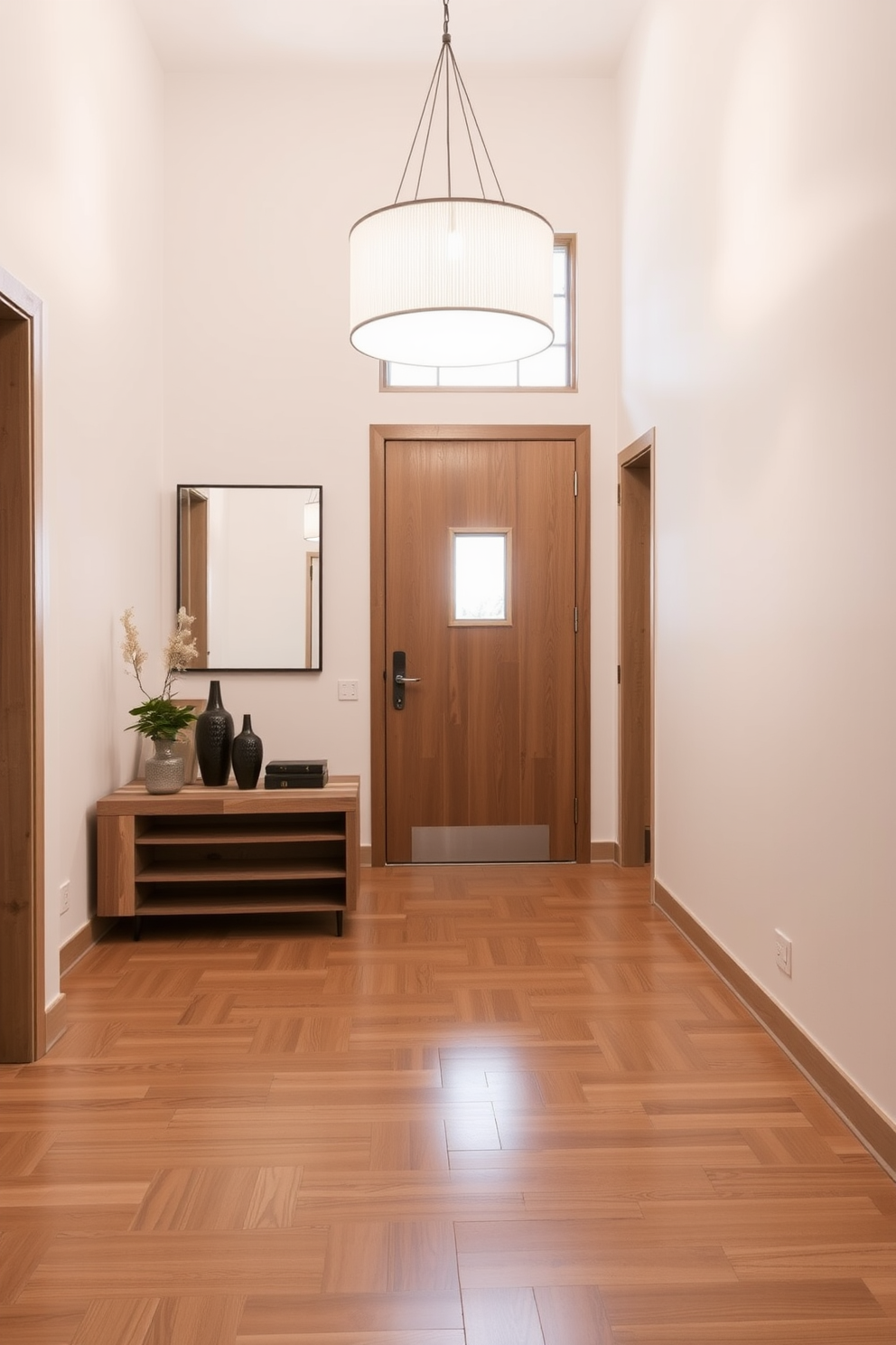 A contemporary foyer featuring a neutral palette with natural wood tones. The space is illuminated by a large pendant light hanging from a high ceiling, casting a warm glow over the polished wooden floor. To the left, a sleek console table made of reclaimed wood displays decorative objects and a small potted plant. A large mirror with a minimalist frame hangs above the table, reflecting the light and enhancing the spacious feel of the foyer.