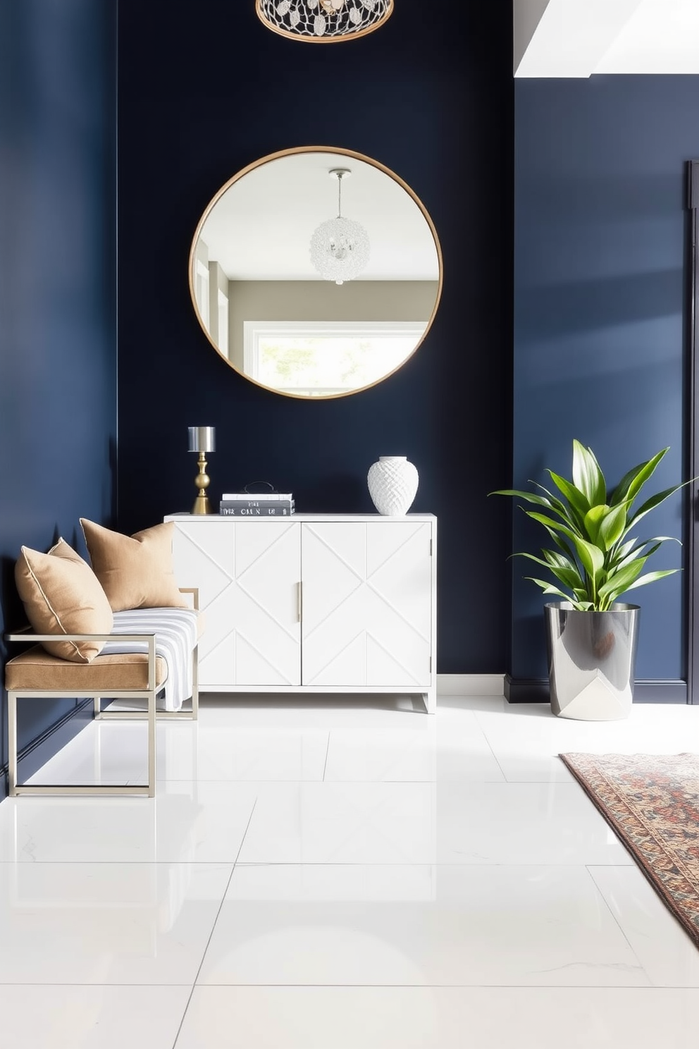 A contemporary foyer featuring a bold accent wall in deep navy sets a dramatic tone for the space. The floor is adorned with large white tiles, and a sleek console table with a geometric design stands against the wall. To the left, a stylish bench with plush cushions invites guests to sit, while a large round mirror reflects light and adds depth. Potted greenery in modern planters complements the rich navy, bringing a touch of nature into the elegant foyer.