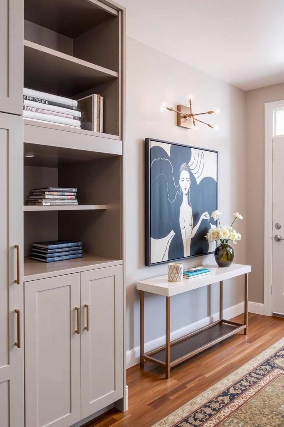 Custom cabinetry for organized storage. The cabinetry features sleek lines and a mix of open and closed shelving, allowing for both display and concealment of items. Contemporary foyer design ideas. The foyer includes a statement console table with a bold artwork above it, complemented by stylish lighting fixtures and a welcoming color palette.