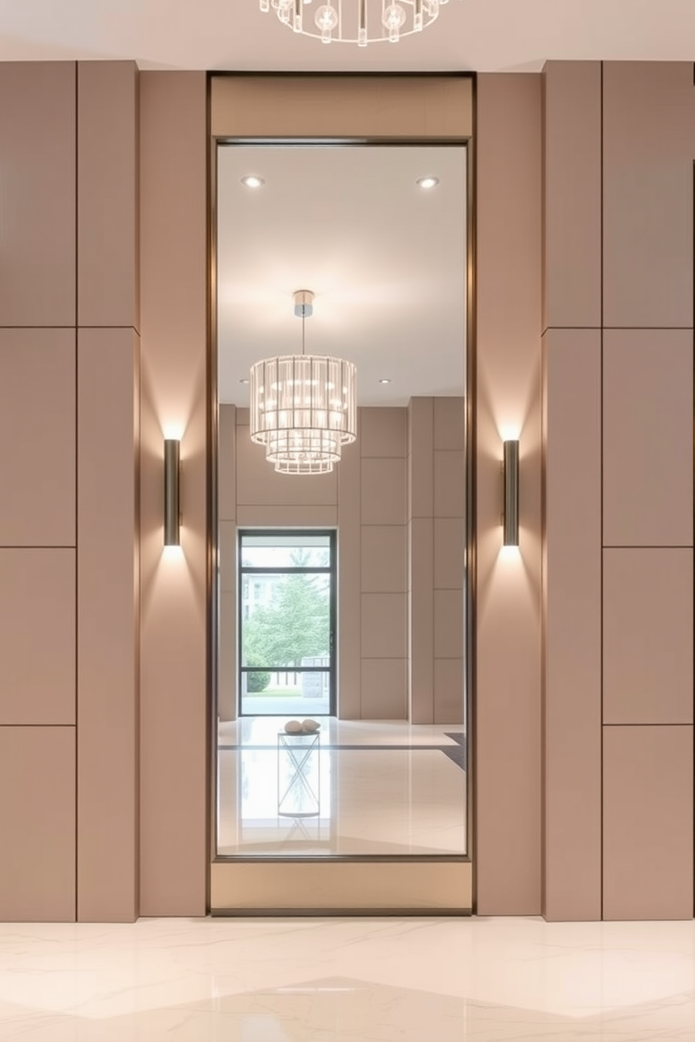 A contemporary foyer features a large mirror that reflects light and enhances the sense of space. The walls are adorned with sleek paneling in a neutral tone, complemented by elegant lighting fixtures that create a welcoming atmosphere.