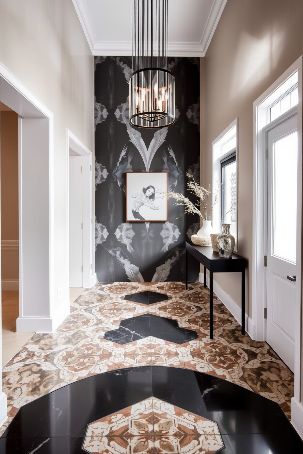 A contemporary foyer featuring bold patterned tiles that create a striking visual impact. The space is illuminated by a modern chandelier, with a sleek console table adorned with decorative accents.