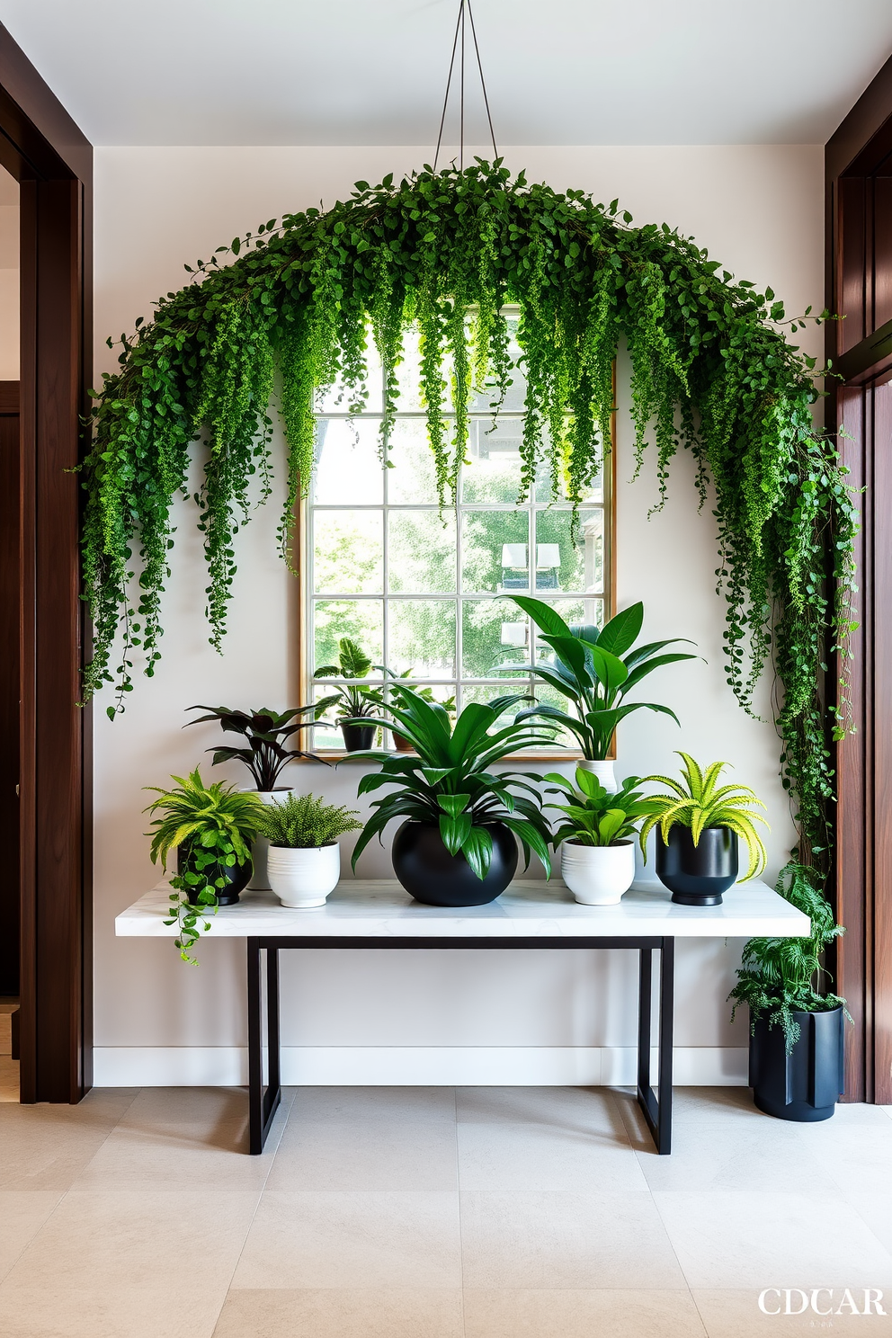 A contemporary foyer with cascading plants creating a lush and inviting atmosphere. The walls are adorned with a sleek, neutral palette while a statement console table showcases vibrant greenery in stylish pots.