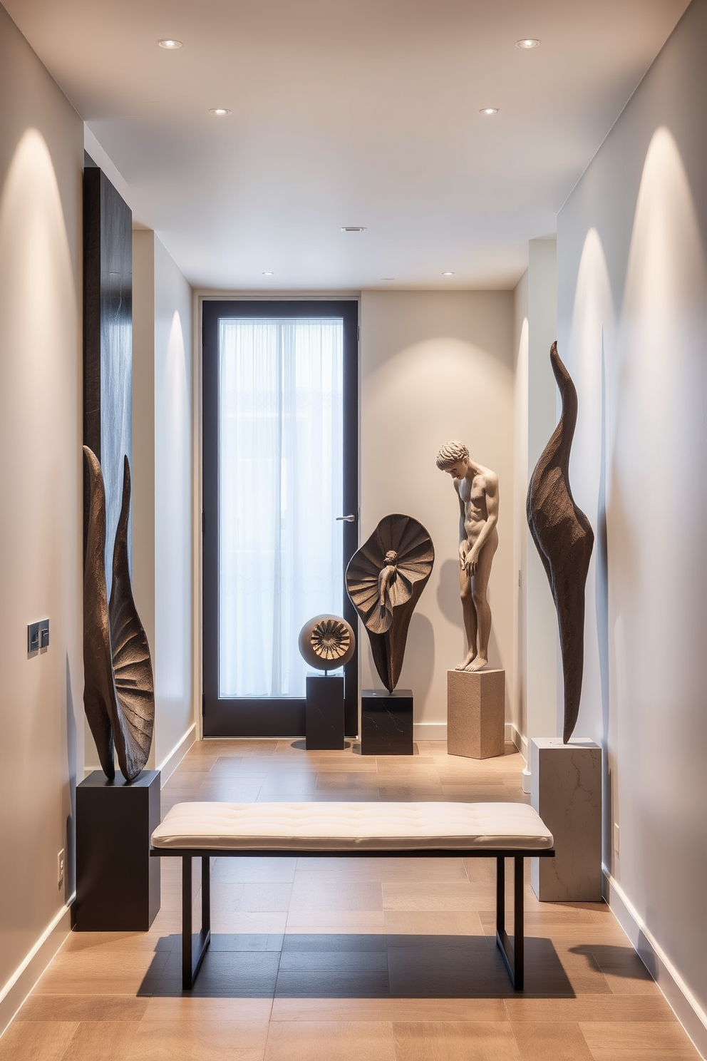 A contemporary foyer features unique sculptures that serve as striking statement pieces. The entryway is illuminated with soft lighting that highlights the artistic details of the sculptures, creating an inviting atmosphere. The walls are adorned with a neutral color palette, allowing the sculptures to stand out. A sleek bench with minimalist design complements the overall aesthetic, providing both functionality and style.