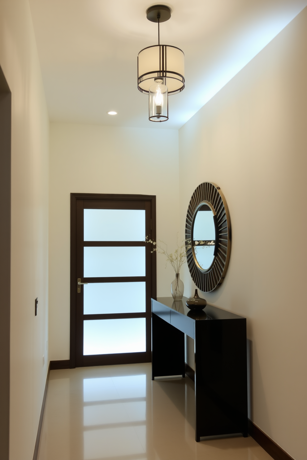 A contemporary foyer featuring soft ambient lighting that creates a welcoming atmosphere. The space includes a sleek console table with a decorative mirror above it, and a stylish pendant light hanging from the ceiling.