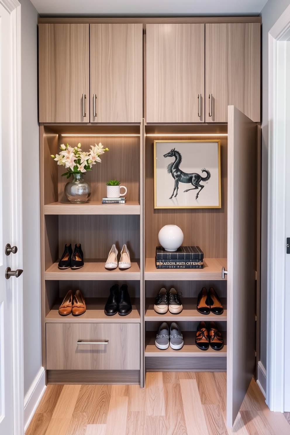 A contemporary foyer featuring functional shoe storage seamlessly integrated into the design. The space includes a sleek built-in cabinet with open shelving for easy access to shoes and stylish decor items.