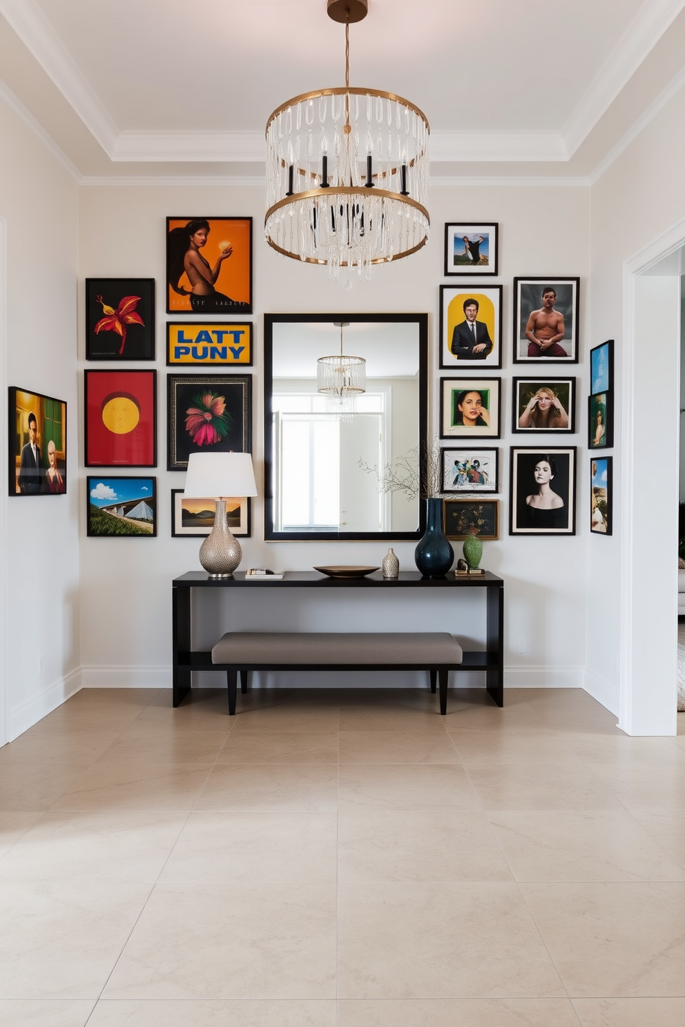 A striking artwork gallery wall that showcases a curated collection of vibrant paintings and photographs. The wall is painted in a soft white, allowing the colors of the artwork to pop, while a sleek bench sits below for seating and contemplation. An inviting contemporary foyer featuring a bold statement chandelier that draws the eye upward. The floor is adorned with large format tiles in a neutral tone, complemented by a minimalist console table against the wall displaying decorative objects and a large mirror above.